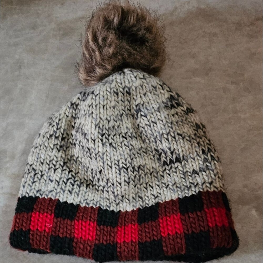 Maurices Buffalo Plaid Knit Beanie with Pom-Pom - Red and Black And Brown
